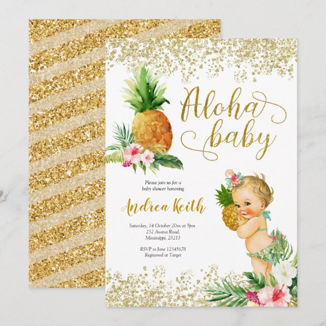 Gold Tropical Pineapple Girl Blonde Baby Shower In Invitation (Front/Back)
