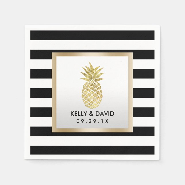 Gold Tropical Pineapple Modern Stripes Wedding Napkin (Front)