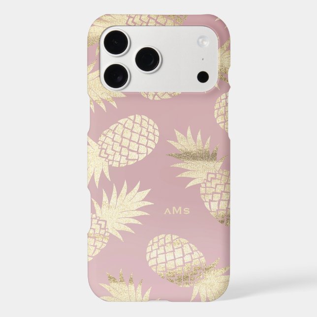 Gold Tropical Pineapples Pattern Pink Monogram (Back)