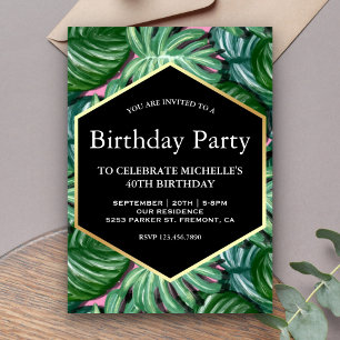 Gold Tropical Watercolor Leaves Birthday Party Invitation