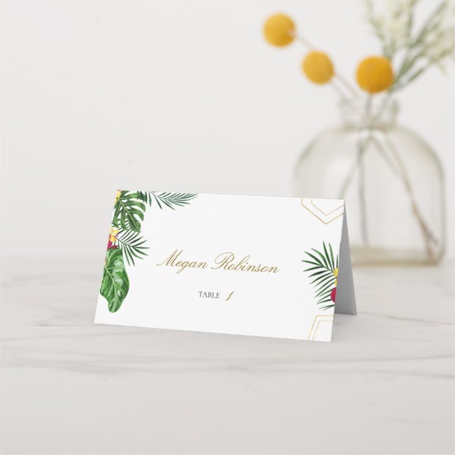 Gold Tropical Wedding Floral Tent Place Card (Front)