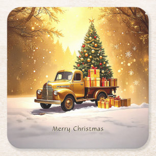 Gold Truck Christmas Tree Holiday Paper Coaster
