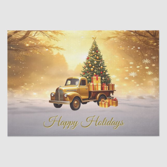 Gold Truck Christmas Tree Holiday Tissue Paper (Front)