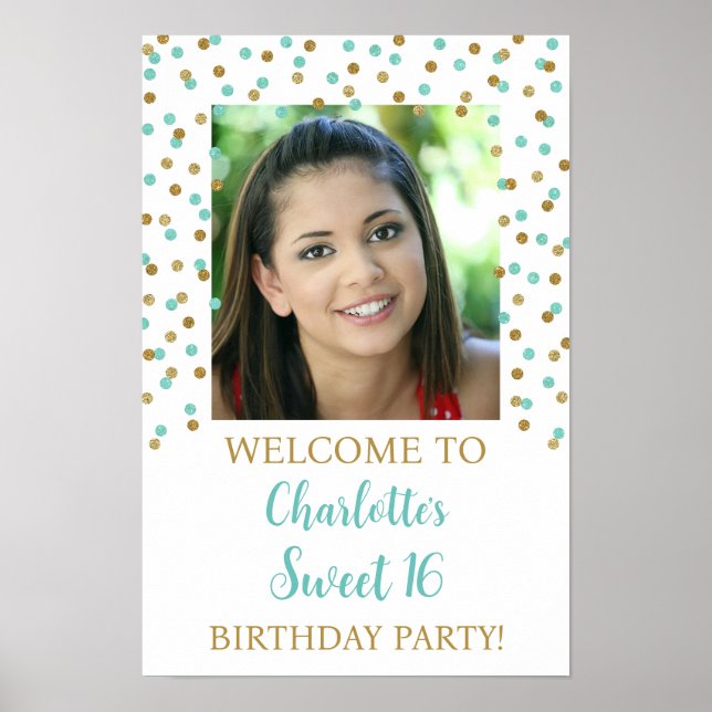 Gold turquois Sweet 16 Birthday Custom 12x18 Photo Poster (Front)