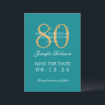 Gold Turquoise 80th Birthday Save the Date Details Invitation<br><div class="desc">Elegant "80th Birthday Party" design with a formal typography script,  custom name and details text. Easy to use and easy to personalise. Order Today!</div>