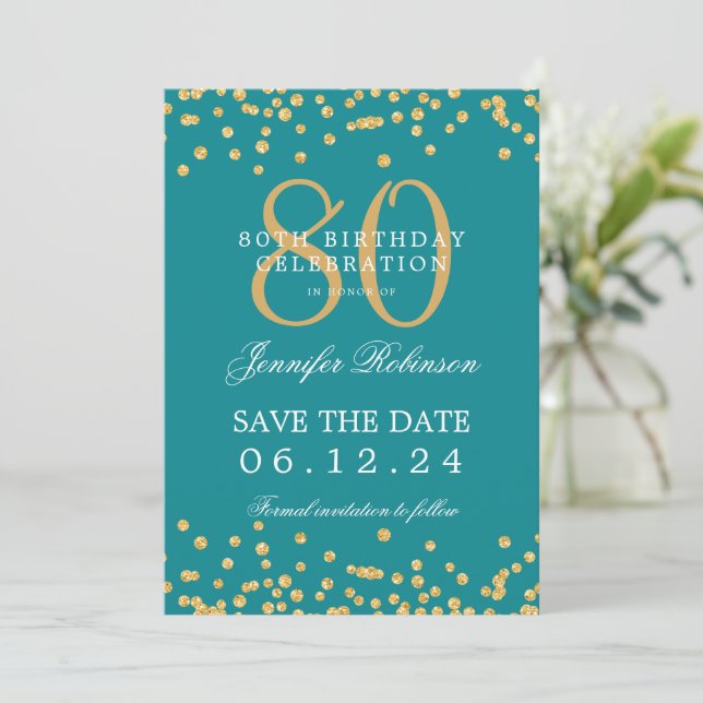 Gold Turquoise 80th Birthday Save the Date Details Invitation (Standing Front)