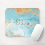 Gold Turquoise Abstract Name Modern Elegant Mouse Pad<br><div class="desc">Elegant turquoise with gold embellishments.  Personalised with your choice of name. Ombre veined marble.</div>