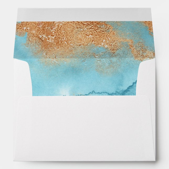 Gold Turquoise Abstract Script Wedding Invitation Envelope (Back (Bottom))