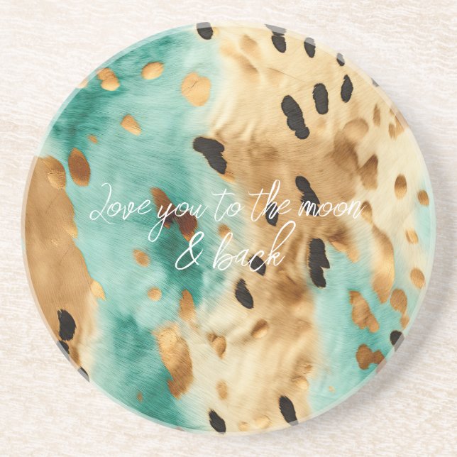Gold Turquoise Black Animal Print Coaster (Front)