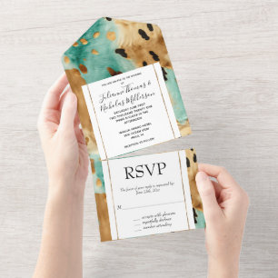 Gold Turquoise Black Animal Wedding All In One Invitation
