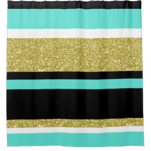 Gold Turquoise Black Stripe Pattern Shower Curtain