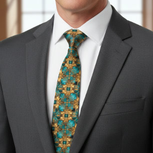 Gold Turquoise Blue Fractal mandelbrot Tie