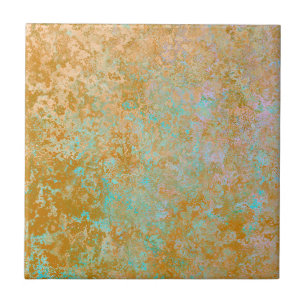 Gold & Turquoise Blue Patina Alcohol Ink Abstract Tile
