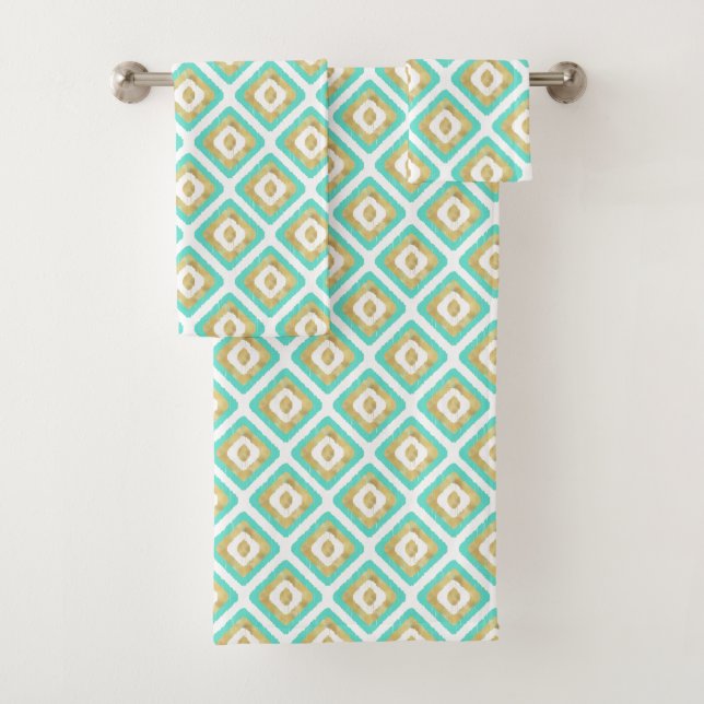 Gold & Turquoise Chic Ikat Pattern Bath Towel Set (Insitu)