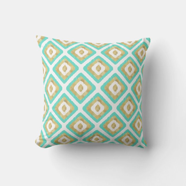 Gold & Turquoise Chic Ikat Pattern Cushion (Front)