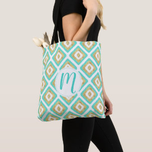 Gold & Turquoise Chic Ikat Pattern Tote Bag