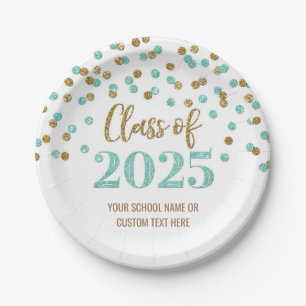 Gold Turquoise Confetti Graduation 2025 Paper Plate