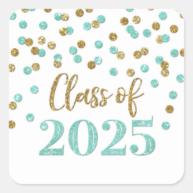 Gold Turquoise Confetti Graduation 2025 Square Sticker (Front)