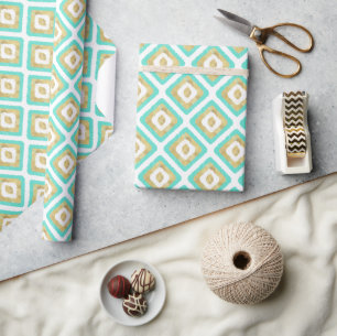 Gold & Turquoise Geometric Ikat Pattern Wrapping Paper