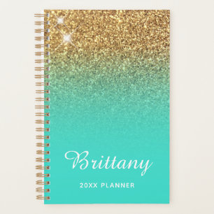 Gold Turquoise Glitter Ombre Personalised Planner