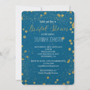 Gold Turquoise Glittery Confetti bridal shower Invitation