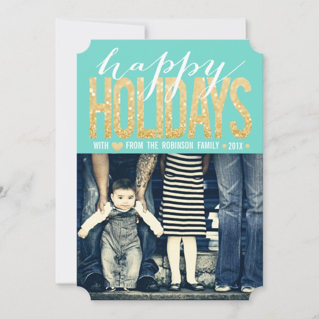 Gold Turquoise Happy Holidays Photo Flat Card (Front)