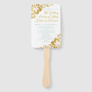 Gold Turquoise Hibiscus Tropical Wedding Program Hand Fan