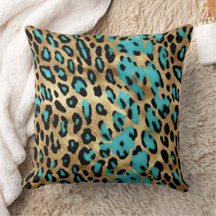 Gold Turquoise Leopard Print Cushion