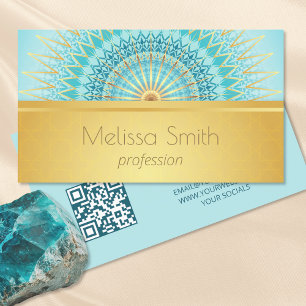 Gold Turquoise Mandala QR Code Business Card