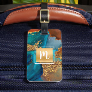 Gold turquoise orange marble watercolor monogram luggage tag