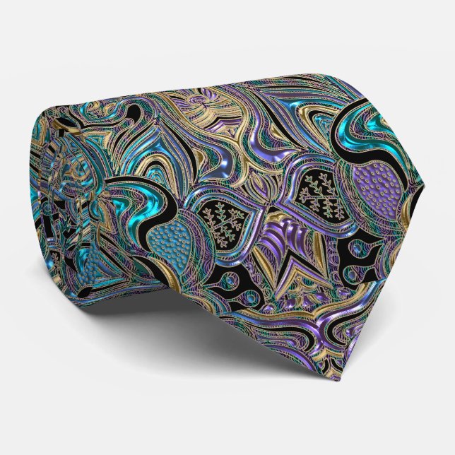 Gold Turquoise Purple Floral Lace Mandala Tie (Rolled)