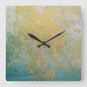 Gold & turquoise stone geode pattern square wall clock