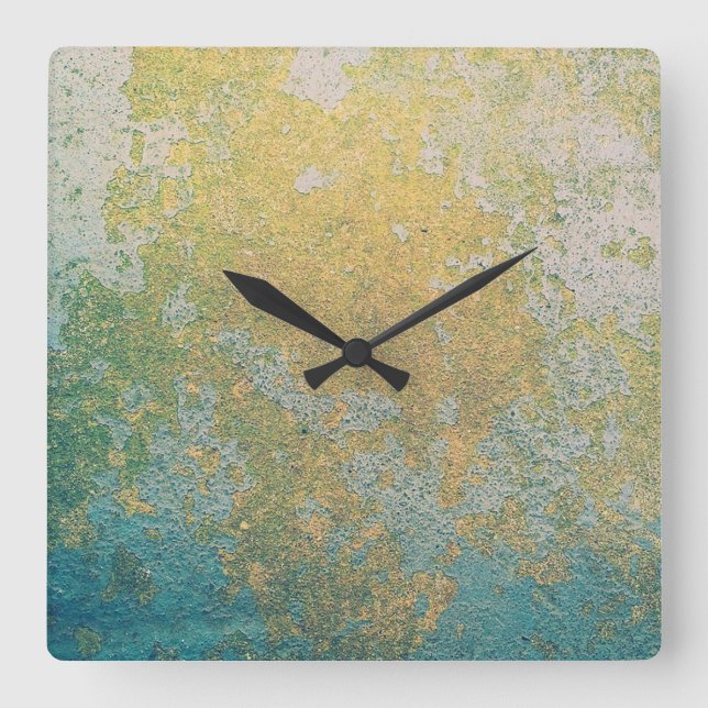 Gold & turquoise stone geode pattern square wall clock (Front)