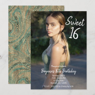 Gold Turquoise Swirl Modern Photo Sweet 16 Party   Invitation