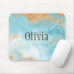 Gold Turquoise Watercolor Abstract Name Modern Mouse Pad<br><div class="desc">Elegant turquoise watercolor with gold embellishments.  Name in brown font.  Personalised with your choice of name. Ombre veined marble.</div>