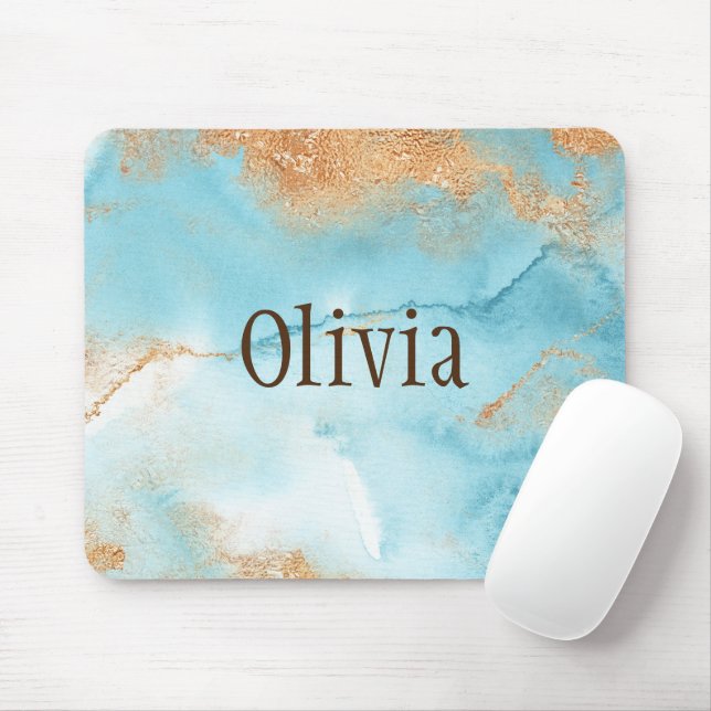 Gold Turquoise Watercolor Abstract Name Modern Mouse Pad (With Mouse)