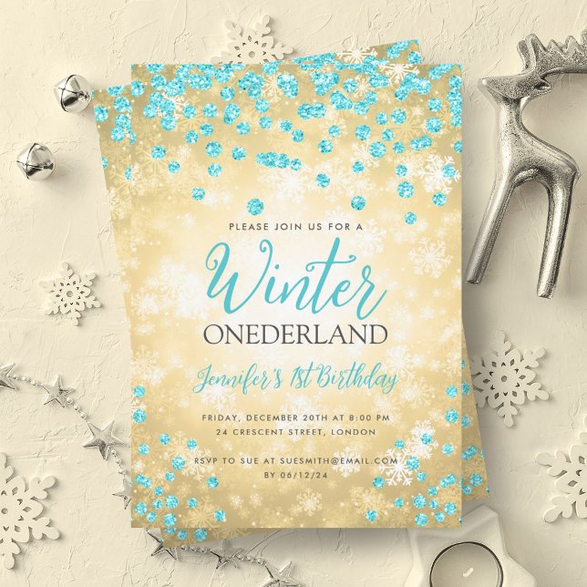 Gold Turquoise Winter ONEDERLAND 1st Birthday Invitation (Gold Turquoise Winter ONEDERLAND 1st Birthday Invitation)