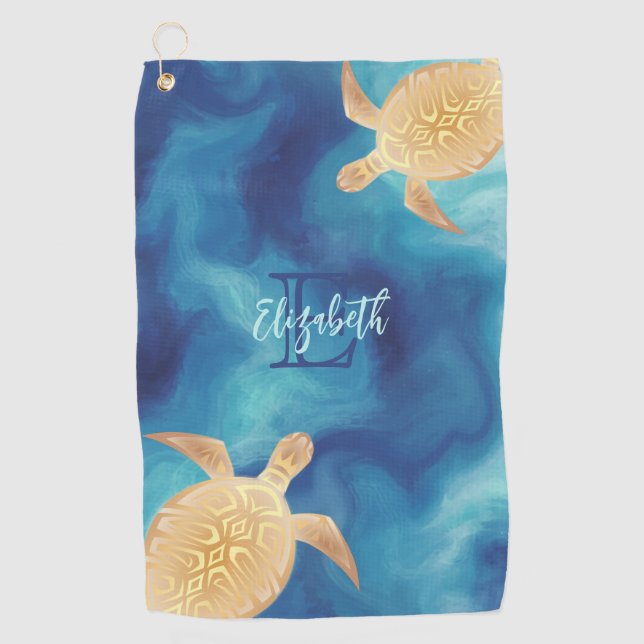 Gold Turtle Blue Watercolor Monogram Beach Golf Towel (Front)