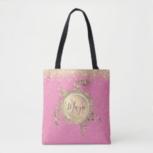  Gold Turtle Glitter Personalised on Pink  Tote Bag
