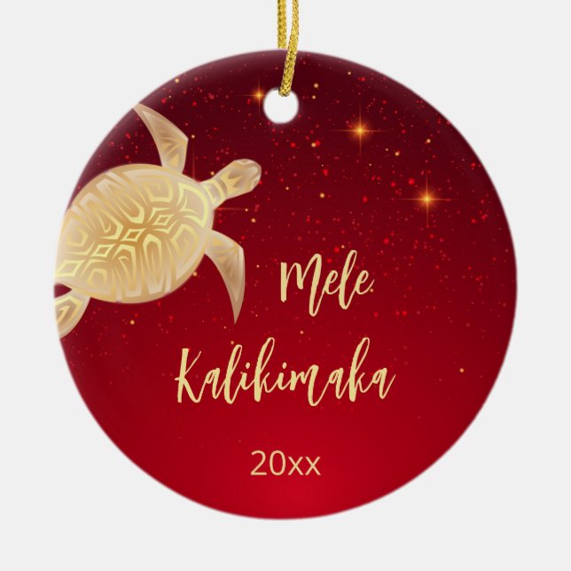 Gold Turtle | Hawaiian Christmas | Family Photo Ceramic Tree Decoration (Front)