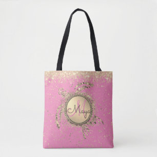 Gold Turtle Monogram Stars Glitter Pink  Tote Bag