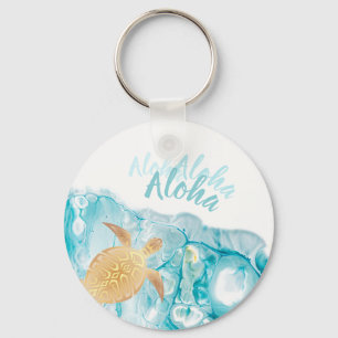 Gold Turtles Blue Ink Aloha Text   Key Ring