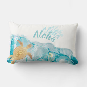 Gold Turtles Blue Ink Aloha Text  Lumbar Cushion
