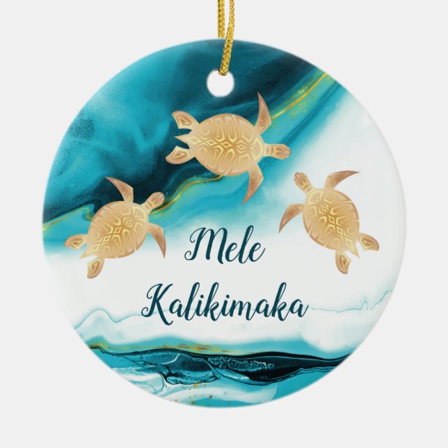 Gold Turtles | Mele Kalikimaka | Christmas Ceramic Tree Decoration (Front)