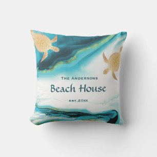 Gold Turtles Teal White Ink Family Name Cushion