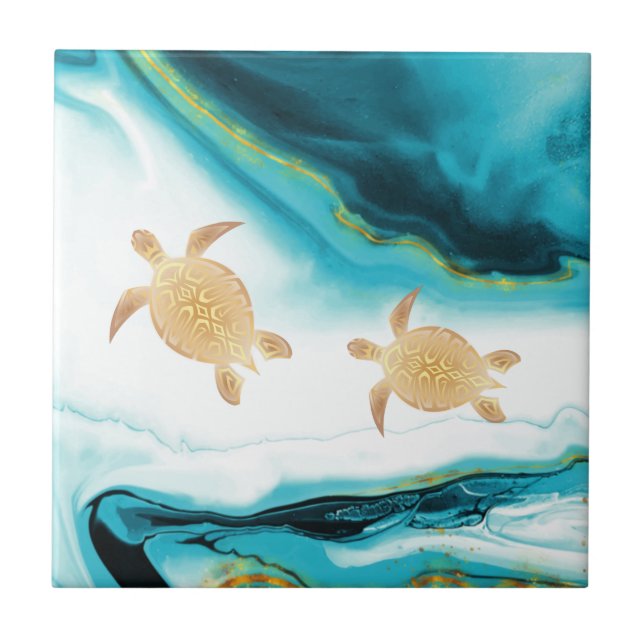  Gold Turtles Teal White Ink  Tile (Front)