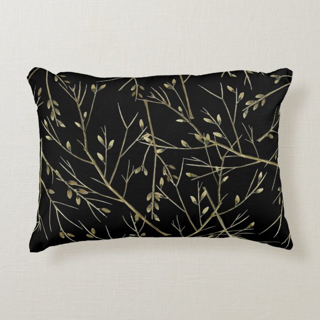 Gold Twigs on Black Decorative Cushion (Front)
