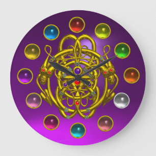 GOLD TWIN DRAGONS PRINTED COLORFUL GEMSTONES LARGE CLOCK