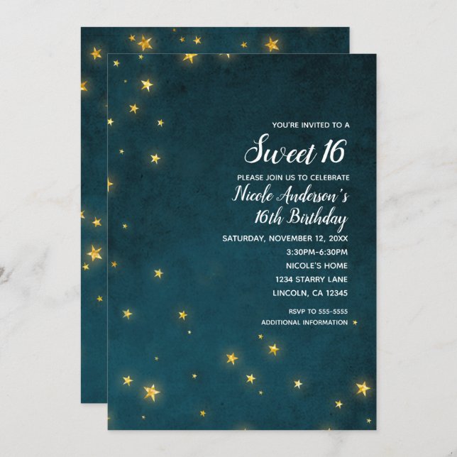 Gold Twinkle Stars Celestial Sky Sweet 16 Party Invitation (Front/Back)