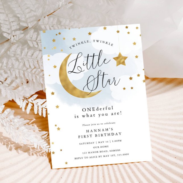 Gold Twinkle Stars, ONEderful Blue First Birthday  Invitation (Creator Uploaded)